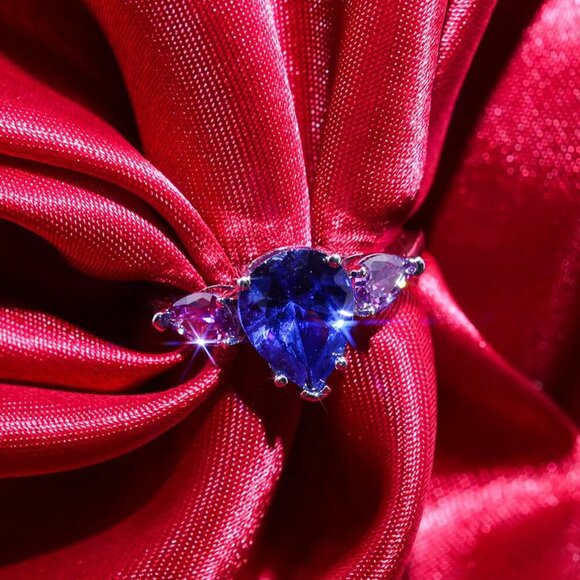 NEW 925 Sterling Silver Diamond Ring Sapphire & Amethyst Pear Cut Teardrop Ring - Picture 2 of 7